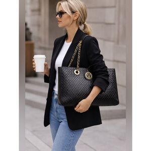 Woven Black Tote Bag Chain Strap Minimalist Luxe Work Travel Large Carryall